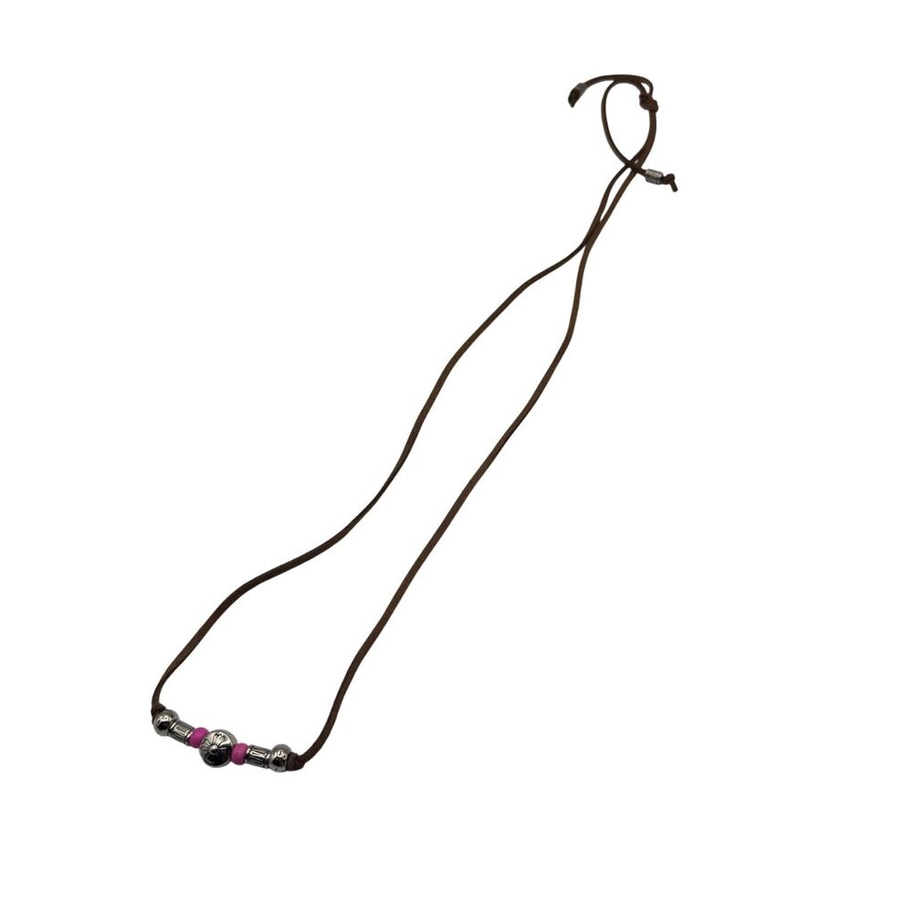 Brown Faux Suede Necklace W/ Silver & Pink Beads & Floral Design